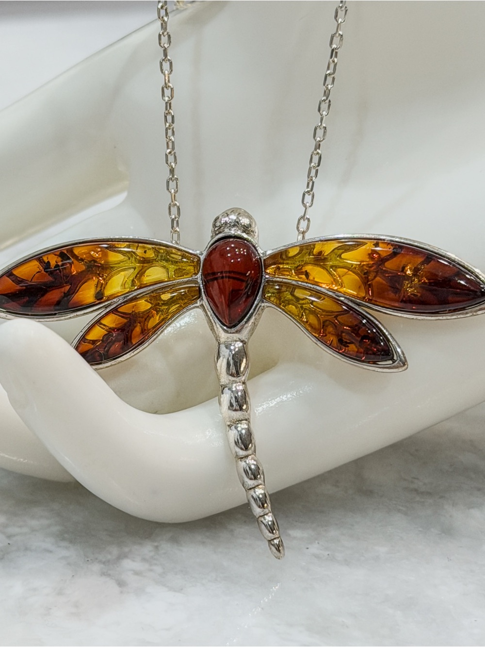 Amber Ombre Sterling Silver Dragonfly Necklace